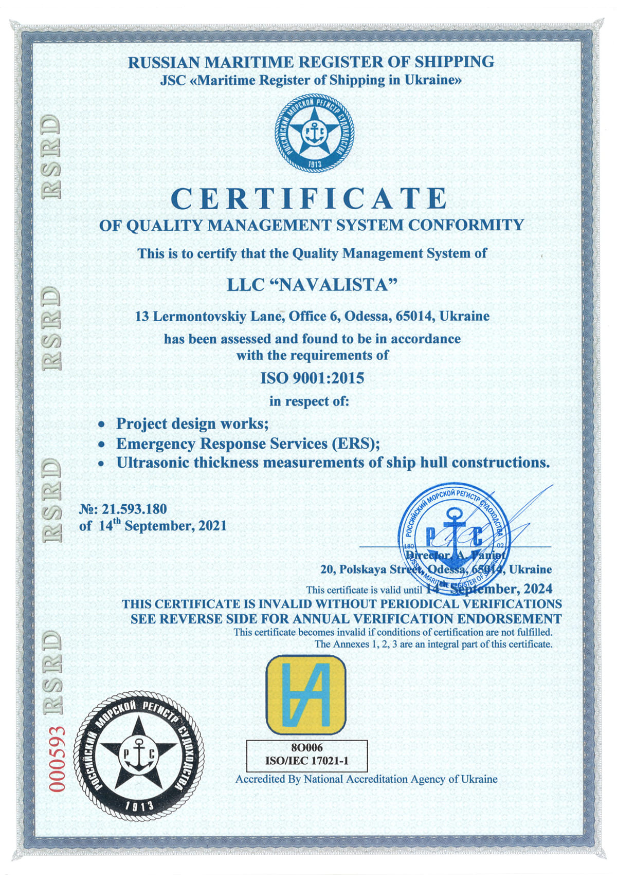 Certificates Approvals Authorizations Navalista LLC